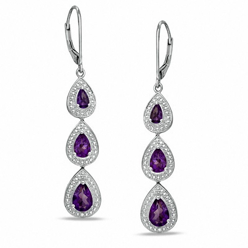 Main Image 1 of Pear-Shaped Amethyst and Diamond Accent Three Tier Drop Earrings in Sterling Silver
