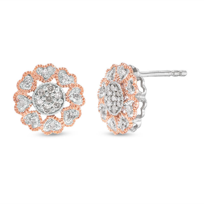 Main Image 1 of 1/5 CT. T.W. Diamond Flower Heart-Petal Stud Earrings in Sterling Silver and 10K Rose Gold
