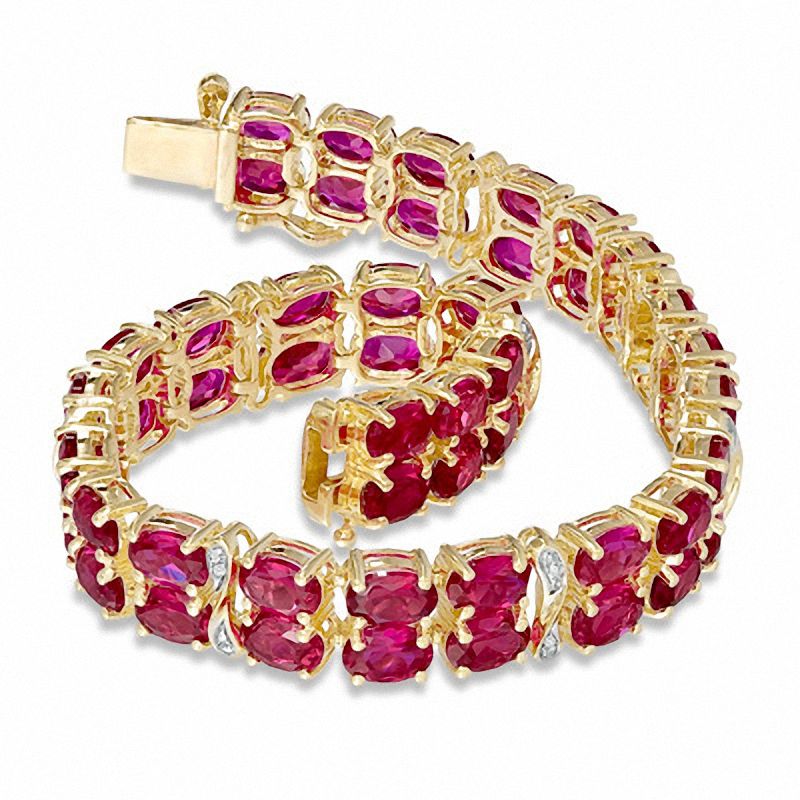 Oval Lab-Created Ruby and Diamond Accent Double Row Bracelet in 14K Gold Vermeil - 7.25"