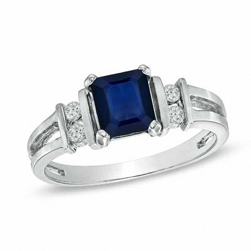 Emerald-Cut Blue Sapphire and 1/10 CT. T.W. Diamond Engagement Ring in 14K White Gold