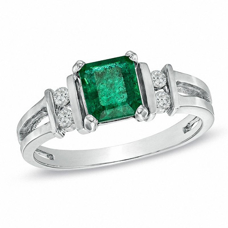 Emerald-Cut Emerald and 1/10 CT. T.W. Diamond Engagement Ring in 14K White Gold