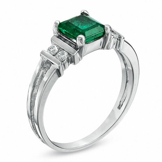 Emerald-Cut Emerald and 1/10 CT. T.w. Diamond Engagement Ring in 14K White Gold