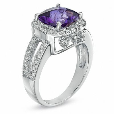 Cushion-Cut Amethyst and 1/2 CT. T.W. Diamond Frame Ring in 14K White Gold