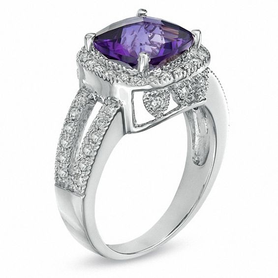 Cushion-Cut Amethyst and 1/2 CT. T.w. Diamond Frame Ring in 14K White Gold