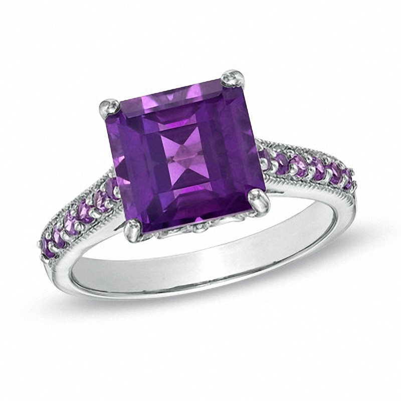 Main Image 1 of 9.0mm Princess-Cut African Amethyst Ring in Sterling Silver