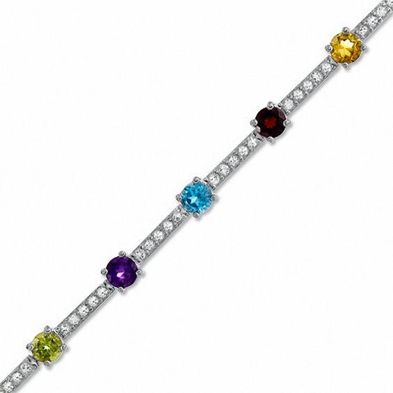 Multi-Gemstone and Lab-Created White Sapphire Bracelet in Sterling Silver - 7.25"