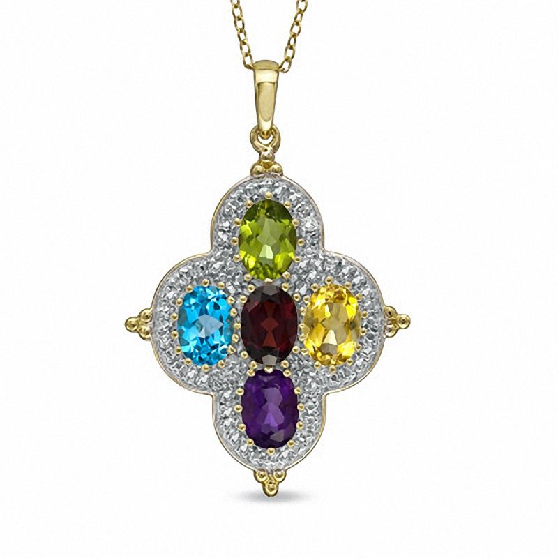 Main Image 1 of Multi Semi-Precious Gemstone and Diamond Accent Flower Pendant in Sterling Silver with 14K Gold Plate