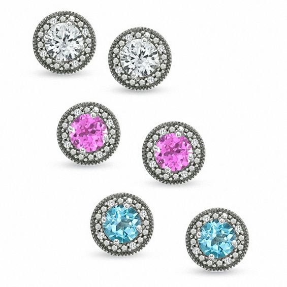 Blue Topaz, Lab-Created Pink Sapphire and White Sapphire Earrings Set in Sterling Silver