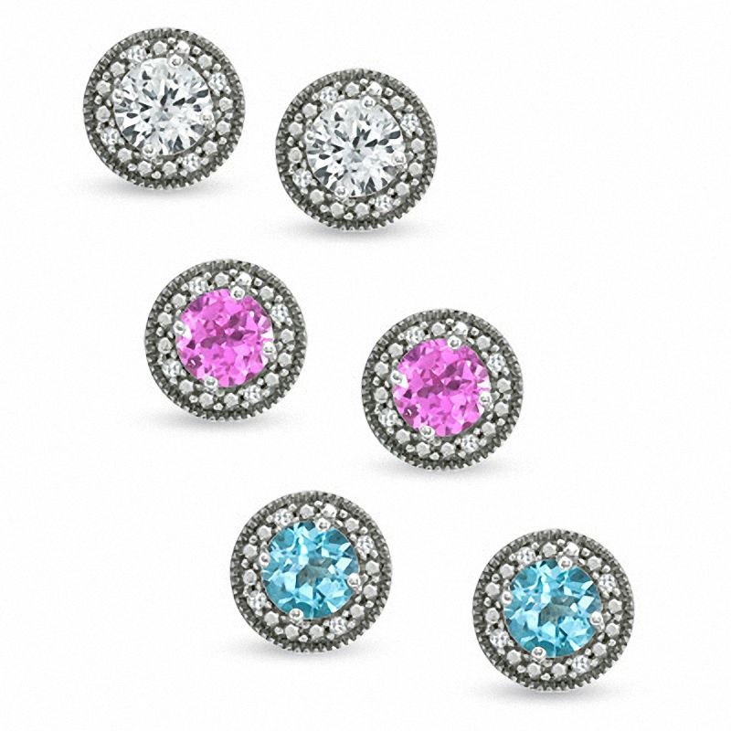 Main Image 1 of Blue Topaz, Lab-Created Pink Sapphire and White Sapphire Earrings Set in Sterling Silver