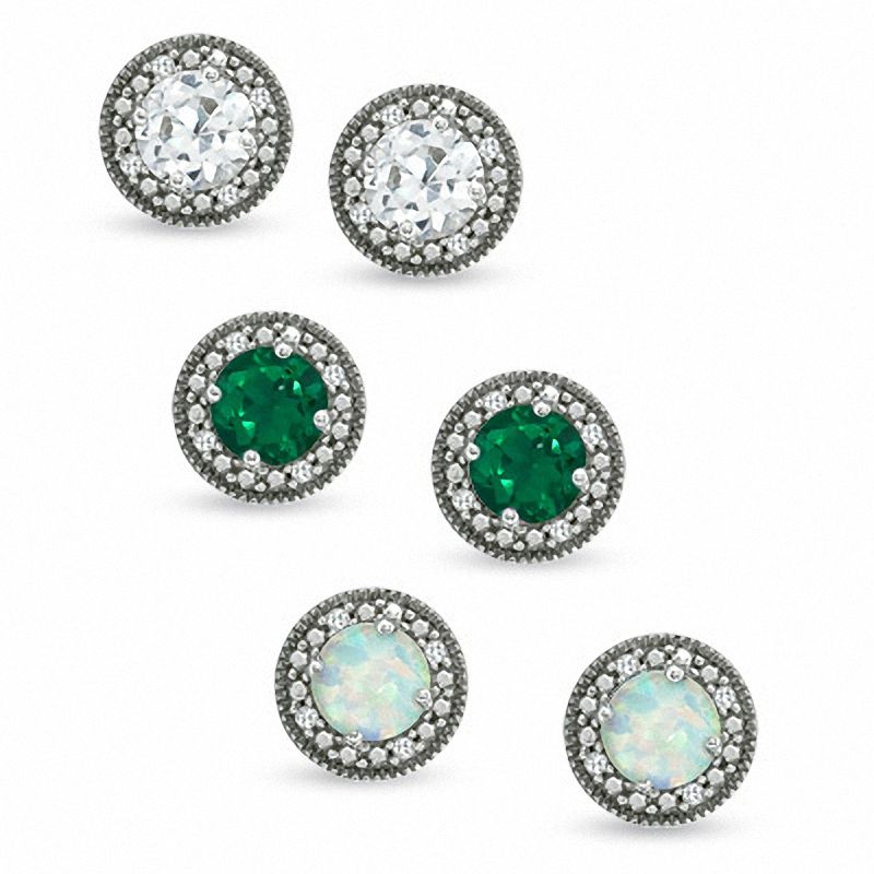 Lab-Created White Sapphire, Opal and Emerald Earrings Set in Sterling Silver