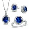 Thumbnail Image 1 of Oval Lab-Created Ceylon and White Sapphire Frame Ring, Pendant and Earrings Set in Sterling Silver - Size 7