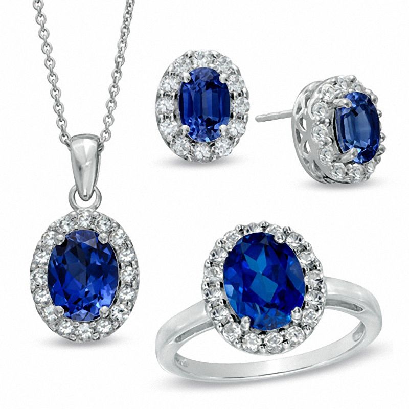 Main Image 1 of Oval Lab-Created Ceylon and White Sapphire Frame Ring, Pendant and Earrings Set in Sterling Silver - Size 7