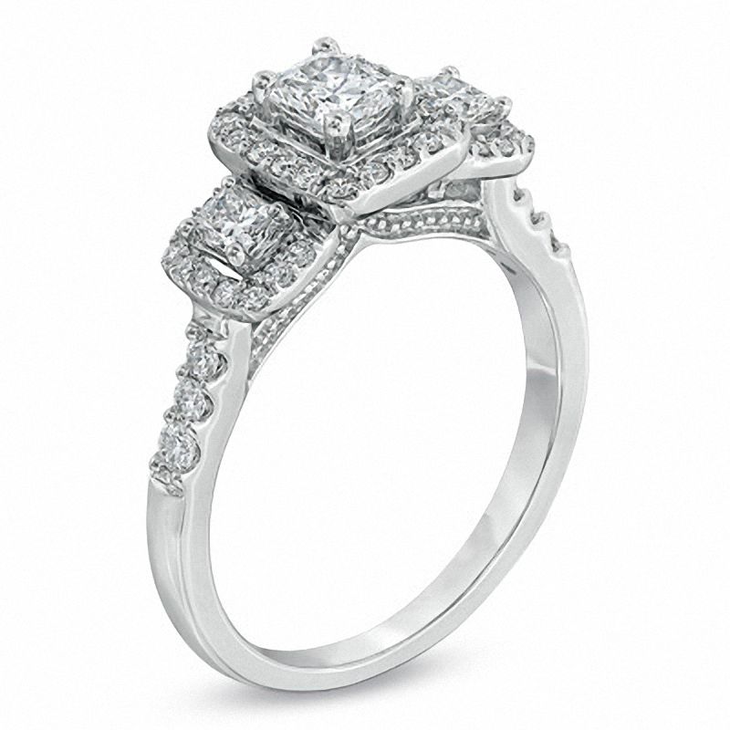 Main Image 2 of 1 CT. T.W. Certified Radiant-Cut Diamond Three Stone Ring in 14K White Gold (I/I1)