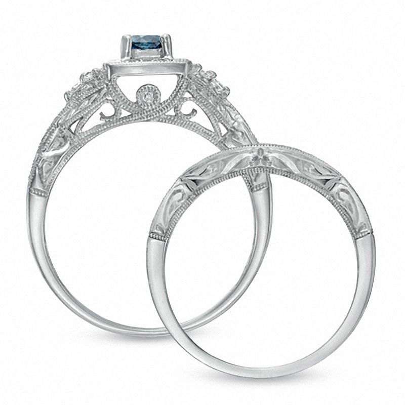 Main Image 3 of 1/2 CT. T.W. Enhanced Blue and White Diamond Vintage-Style Bridal Set in 14K White Gold