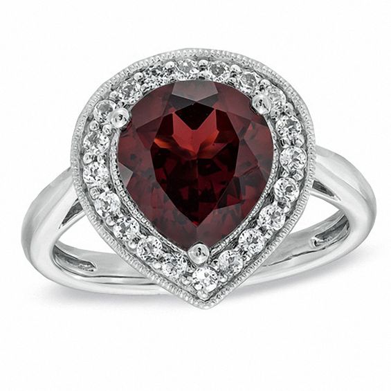 Pear-Shaped Garnet and Lab-Created White Sapphire Frame Ring in Sterling Silver