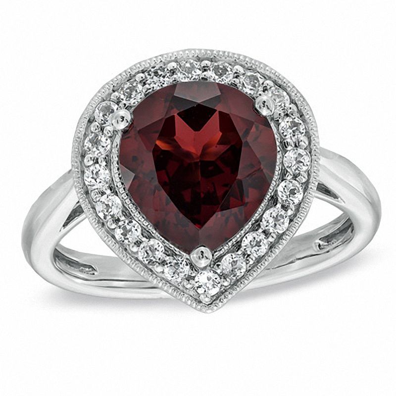 Pear-Shaped Garnet and Lab-Created White Sapphire Frame Ring in Sterling Silver