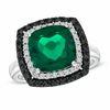 Cushion-Cut Lab-Created Emerald, White Sapphire and Black Diamond Accent Ring in Sterling Silver