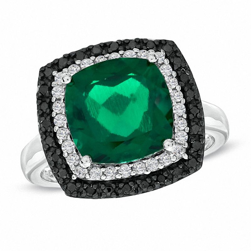Main Image 1 of Cushion-Cut Lab-Created Emerald, White Sapphire and Black Diamond Accent Ring in Sterling Silver