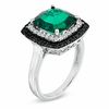 Thumbnail Image 1 of Cushion-Cut Lab-Created Emerald, White Sapphire and Black Diamond Accent Ring in Sterling Silver