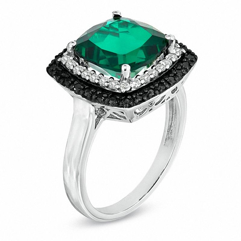 Cushion-Cut Lab-Created Emerald, White Sapphire and Black Diamond Accent Ring in Sterling Silver