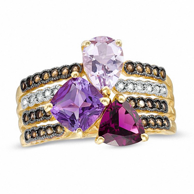 Multi-Shaped Semi-Precious Gemstone and Diamond Accent Four Row Ring in 10K Gold