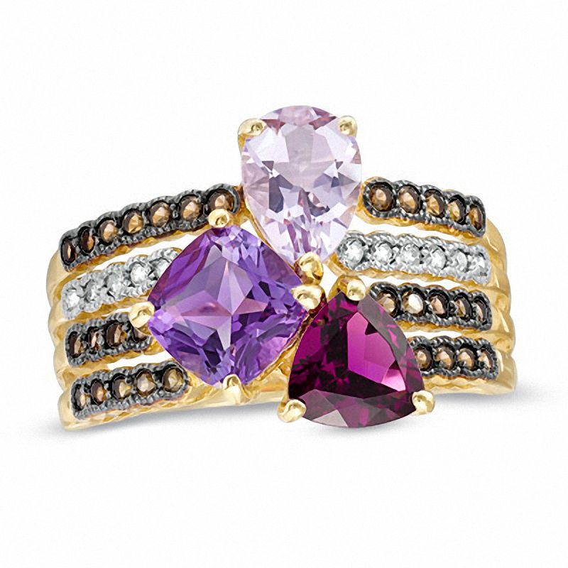 Main Image 1 of Multi-Shaped Semi-Precious Gemstone and Diamond Accent Four Row Ring in 10K Gold