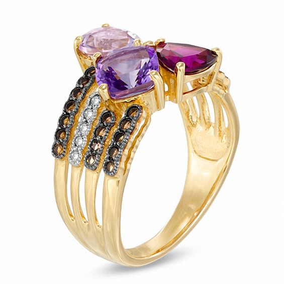 Multi-Shaped Semi-Precious Gemstone and Diamond Accent Four Row Ring in 10K Gold