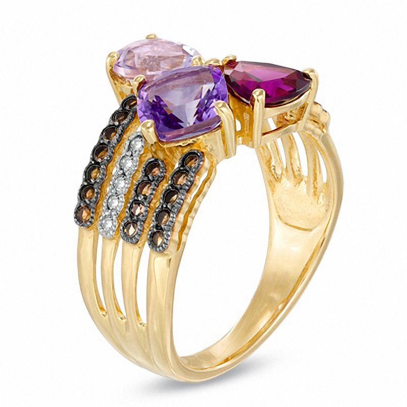 Main Image 2 of Multi-Shaped Semi-Precious Gemstone and Diamond Accent Four Row Ring in 10K Gold