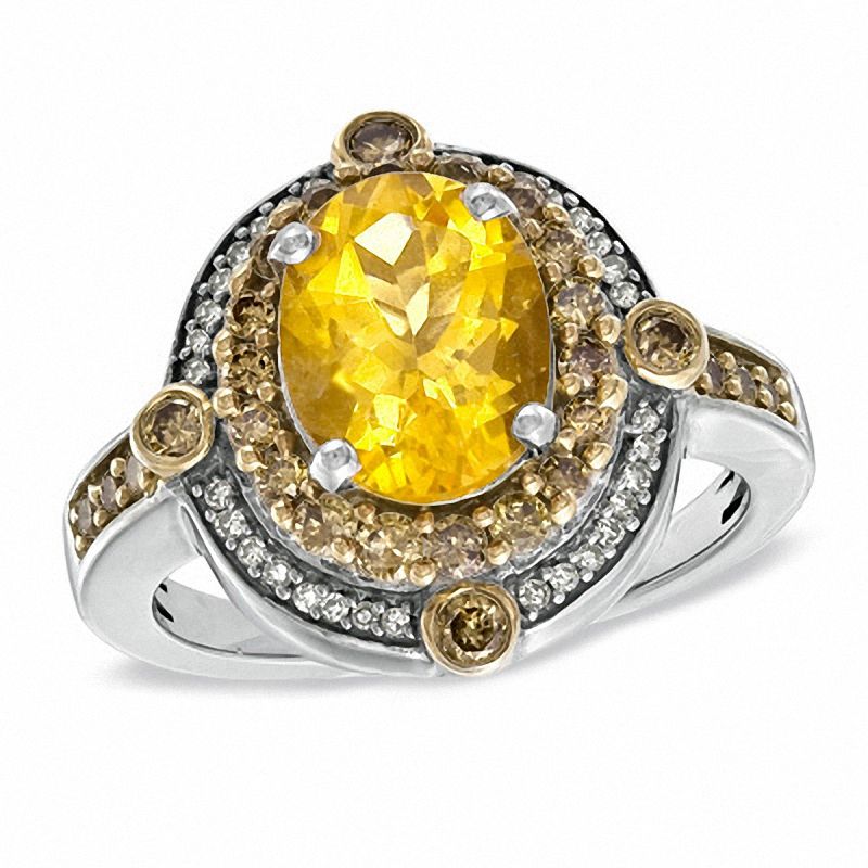 Oval Citrine and 3/4 CT. T.W. Enhanced Champagne and White Diamond Ring in Sterling Silver