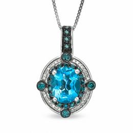 Oval Blue Topaz and 1/2 CT. T.W. Enhanced Blue and White Diamond Pendant in Sterling Silver