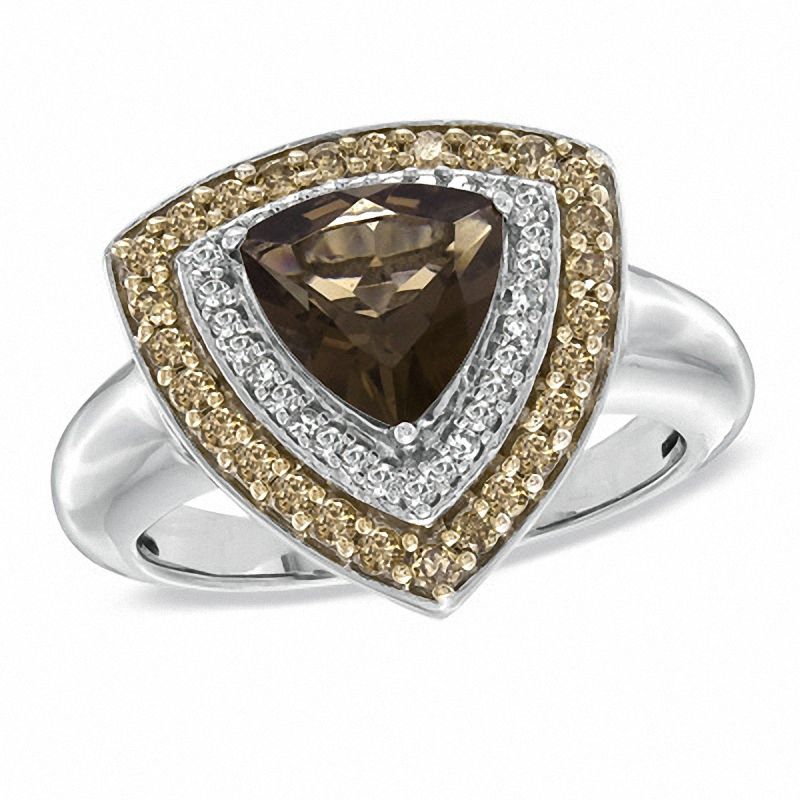 Trillion-Cut Smoky Quartz and 1/2 CT. T.W. Enhanced Champagne and White Diamond Ring in Sterling Silver