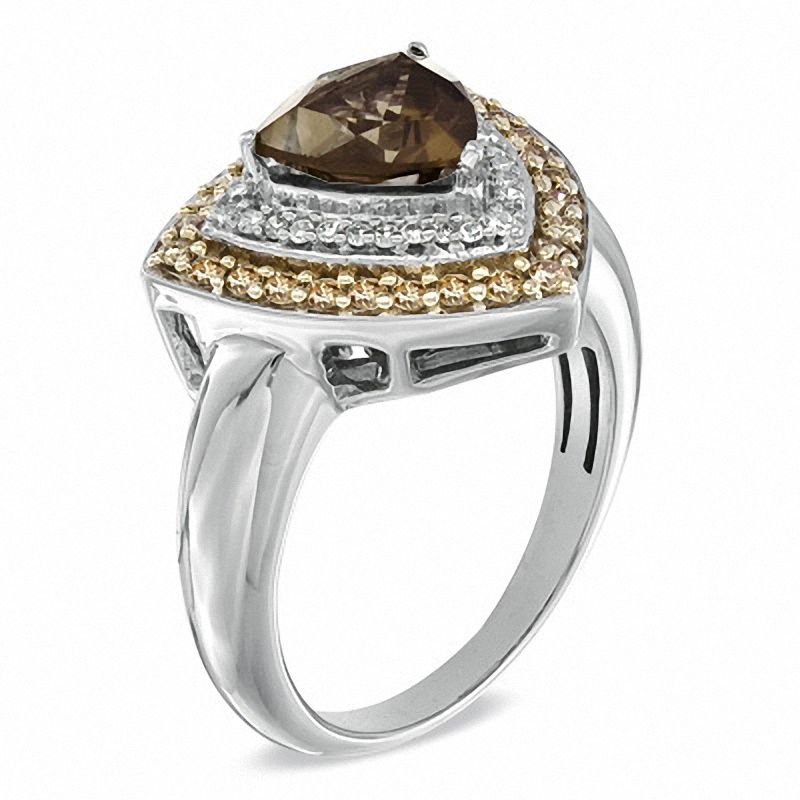 Trillion-Cut Smoky Quartz and 1/2 CT. T.W. Enhanced Champagne and White Diamond Ring in Sterling Silver