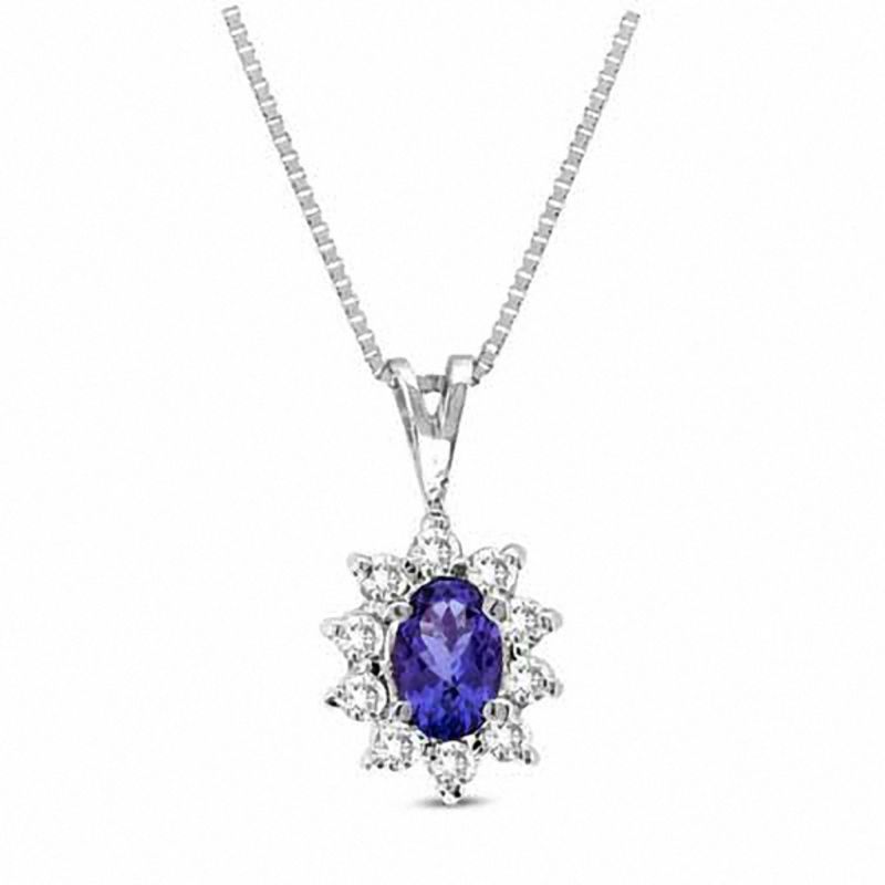 Main Image 1 of Oval Tanzanite and 1/7 CT. T.W. Diamond Frame Pendant in 14K White Gold