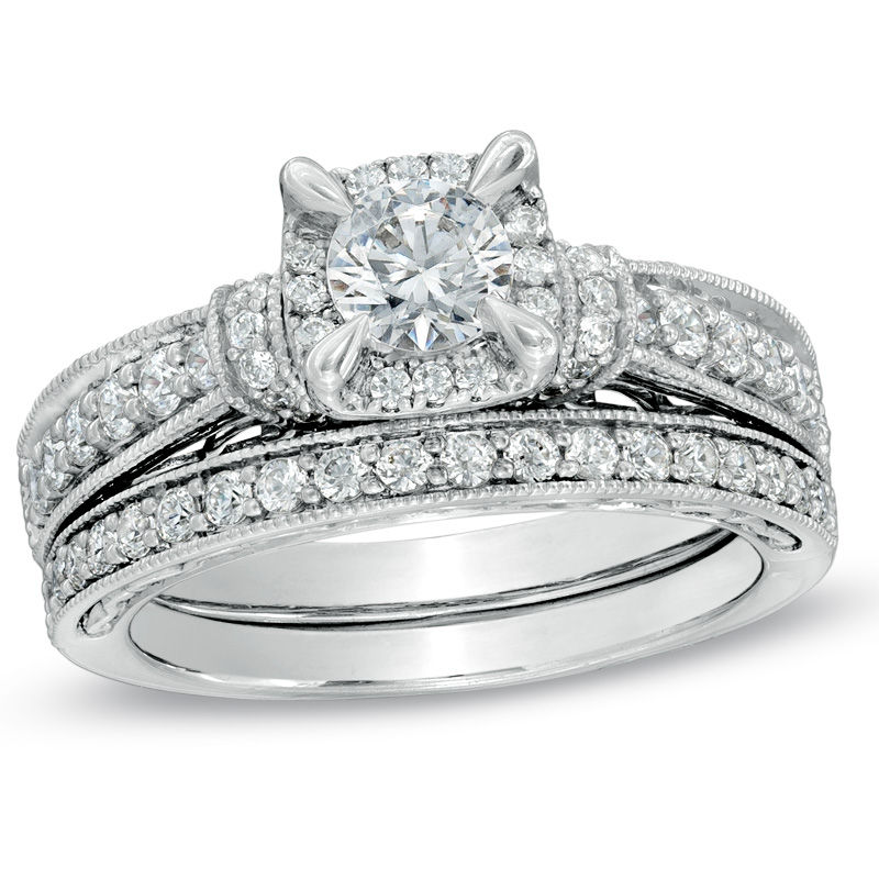 1-1/5 CT. T.W. Diamond Vintage-Style Bridal Set in 14K White Gold