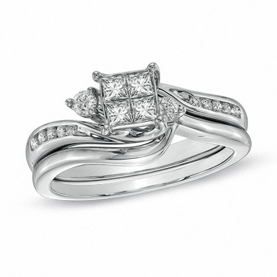 1/2 CT. T.w. Quad Princess-Cut Diamond Bridal Set in 10K White Gold