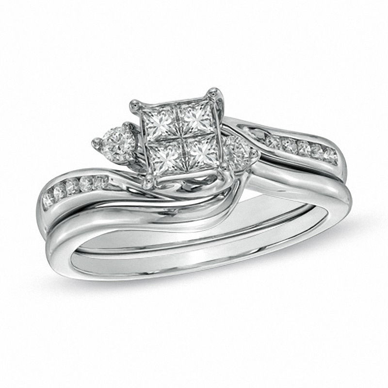 Main Image 1 of 1/2 CT. T.W. Quad Princess-Cut Diamond Bridal Set in 10K White Gold