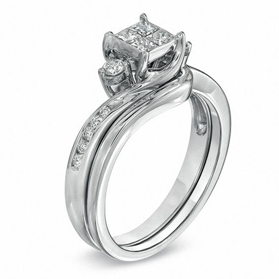 1/2 CT. T.w. Quad Princess-Cut Diamond Bridal Set in 10K White Gold
