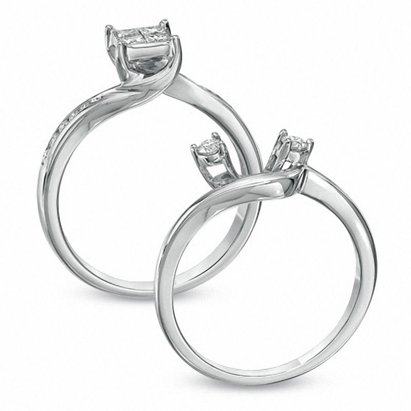 Main Image 3 of 1/2 CT. T.W. Quad Princess-Cut Diamond Bridal Set in 10K White Gold