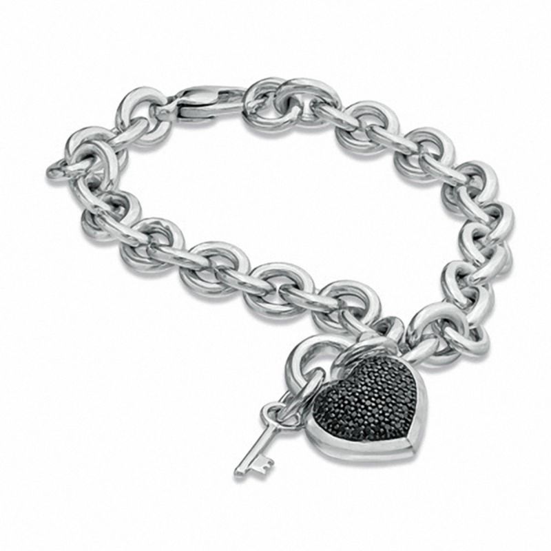 1/3 CT. T.W. Black Diamond Heart with Key Charm Bracelet in Sterling Silver - 7.5"