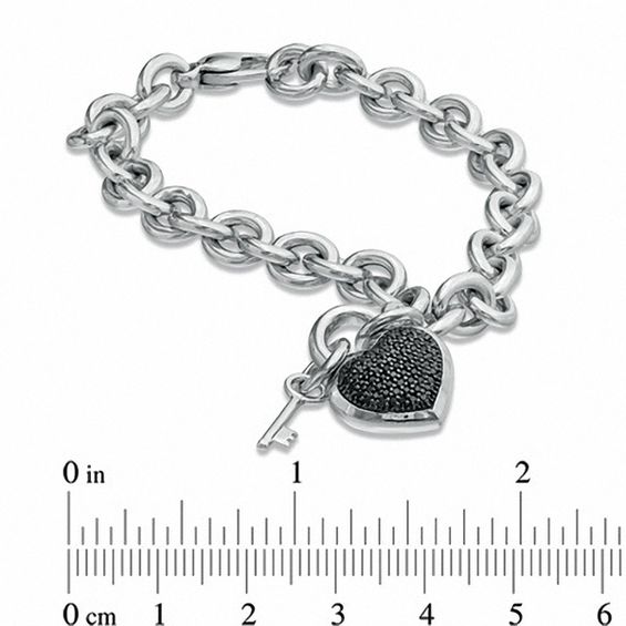 1/3 CT. T.w. Black Diamond Heart with Key Charm Bracelet in Sterling Silver - 7.5"