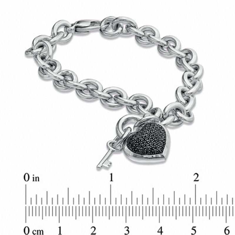 Main Image 2 of 1/3 CT. T.W. Black Diamond Heart with Key Charm Bracelet in Sterling Silver - 7.5"