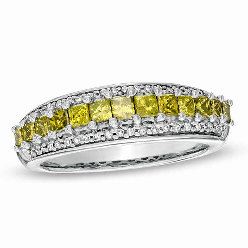 7/8 CT. T.W. Princess-Cut Enhanced Yellow and White Diamond Stripe Ring in Sterling Silver