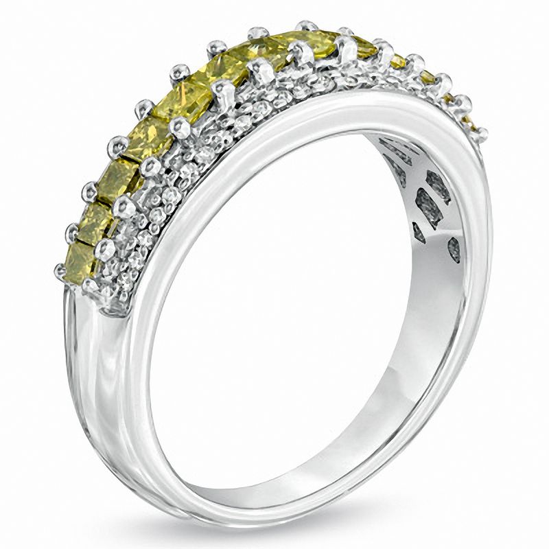 Main Image 2 of 7/8 CT. T.W. Princess-Cut Enhanced Yellow and White Diamond Stripe Ring in Sterling Silver