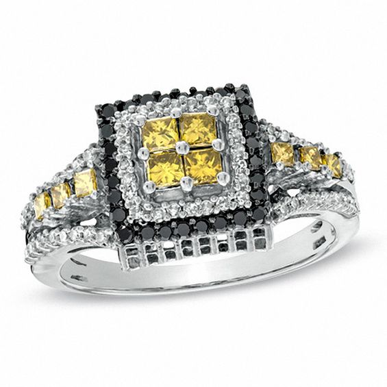 3/4 CT. T.w. Princess-Cut Enhanced Yellow, Black and White Diamond Square Ring in Sterling Silver