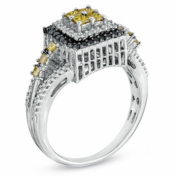 3/4 CT. T.w. Princess-Cut Enhanced Yellow, Black and White Diamond Square Ring in Sterling Silver