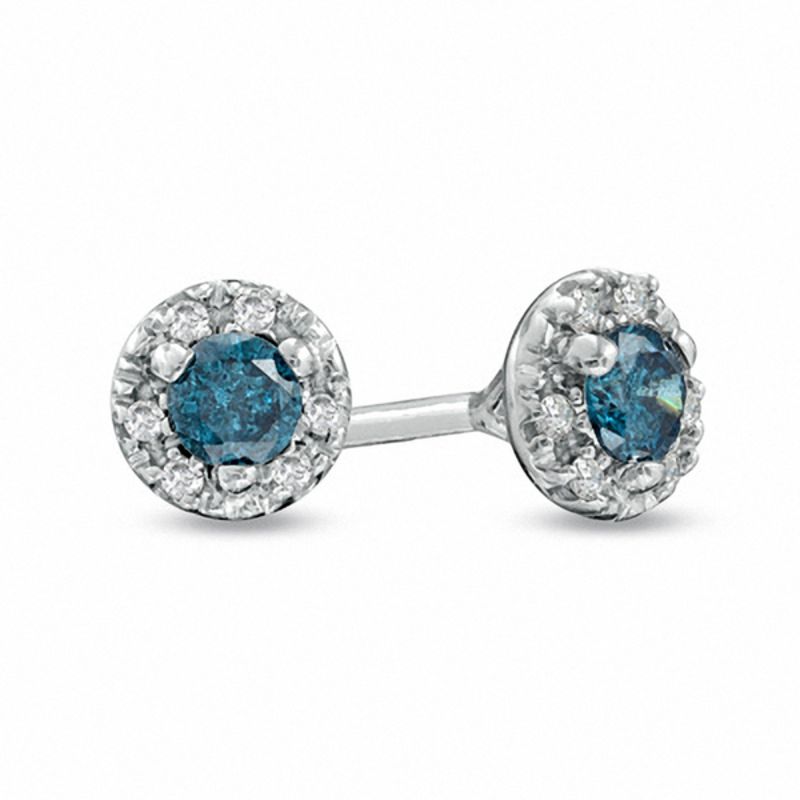 Main Image 1 of 1/4 CT. T.W. Enhanced Blue and White Diamond Frame Stud Earrings in Sterling Silver