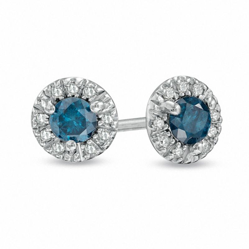 Main Image 1 of 1/2 CT. T.W. Enhanced Blue and White Diamond Frame Stud Earrings in Sterling Silver