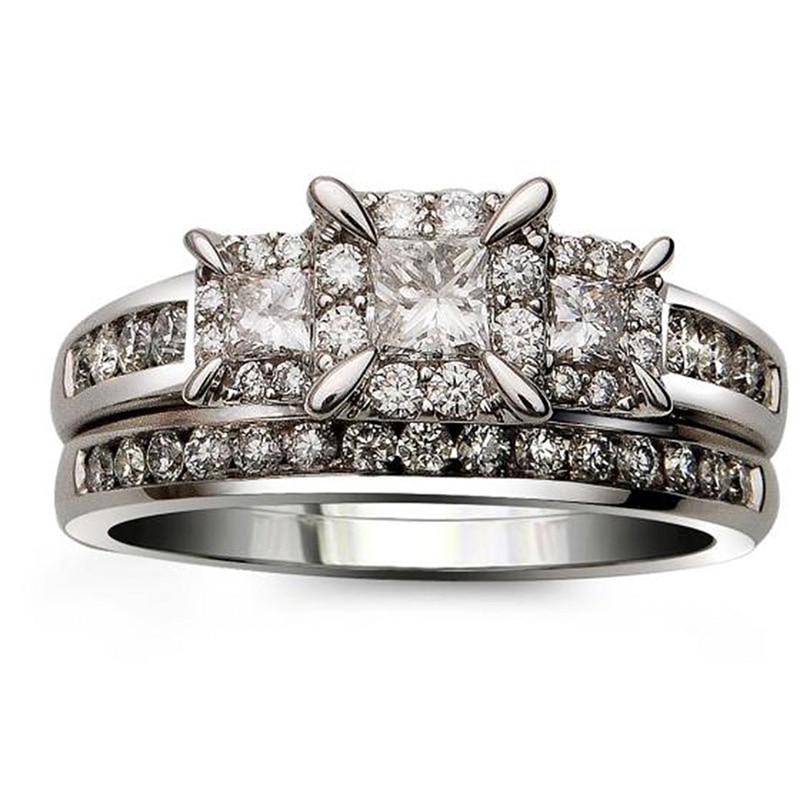 1 CT. T.W. Princess-Cut Diamond Past Present Future® Bridal Set in 14K White Gold