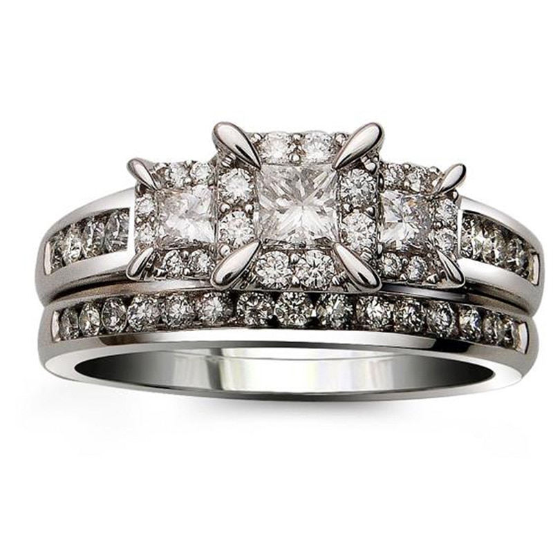 Main Image 1 of 1 CT. T.W. Princess-Cut Diamond Past Present Future® Bridal Set in 14K White Gold