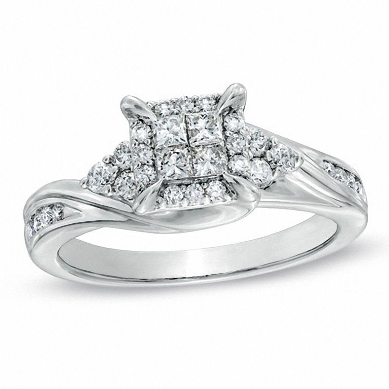 Main Image 1 of 1/2 CT. T.W. Princess-Cut Quad Diamond Swirl Engagement Ring in 10K White Gold